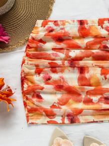 Soleia تنورة جسم ضيقة قصيرة محبوكة بطبعة مجردة باللون الأحمر مربوطة بربطة للحفلات النسائية