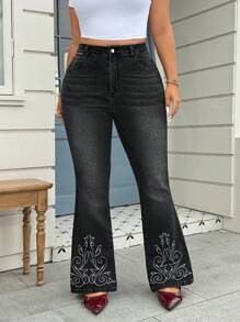 SHEIN ICON Quần Jeans Ống Loe Thêu Thường Ngày - màu đen - Xem 4