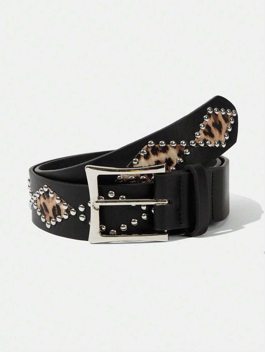 Maija Punk Style Riveted Textured Versatile Pin Buckle Belt, Leopard Print Patchwork Leather Belt - Black - View 1