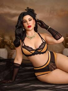 PinupGlam 2pcs Curvy Vintage Romantic Sexy Lingerie Set: Underwired 1/4 Cup Criss-Cross Floral Lace Satin Sheer High-Waist Panty, Plus Size, Black & Bronze, Club Party