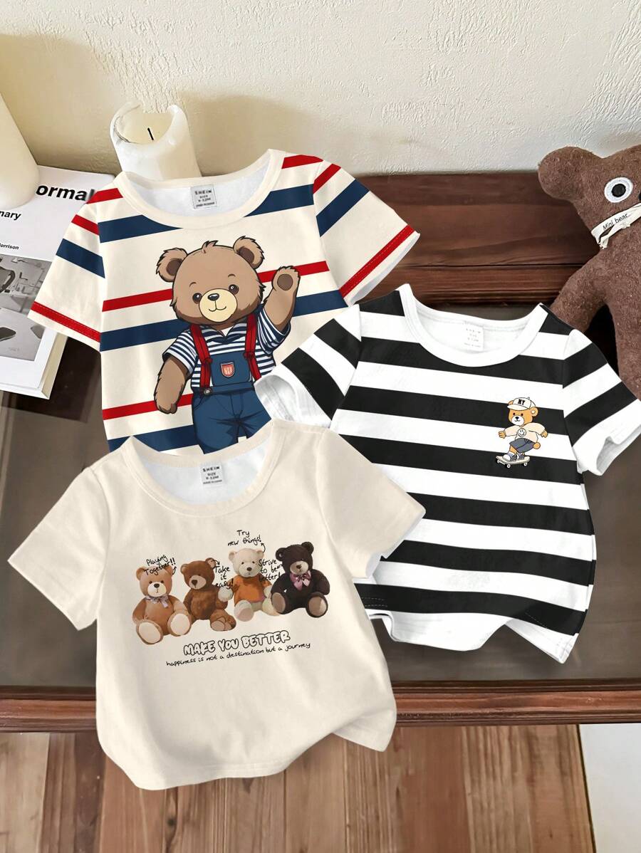 SHEIN 3pcs/Set Teddy Bears, Baby Boy Casual Minimalist Round Neck Short Sleeve Loose T-Shirt, Suitable For Summer