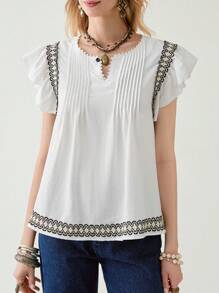 Florisole Blusa plisada de mujer para primavera y verano, camisa mini bohemia con mangas campana, encaje de ganchillo y parches - Blanco - Ver 4