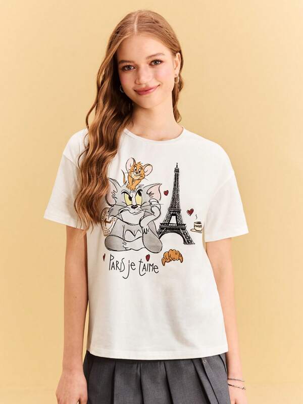 TOM & JERRY X SHEIN Camiseta de mujer de manga corta, cuello redondo, estampado de dibujos animados y Torre, estilo casual de verano
