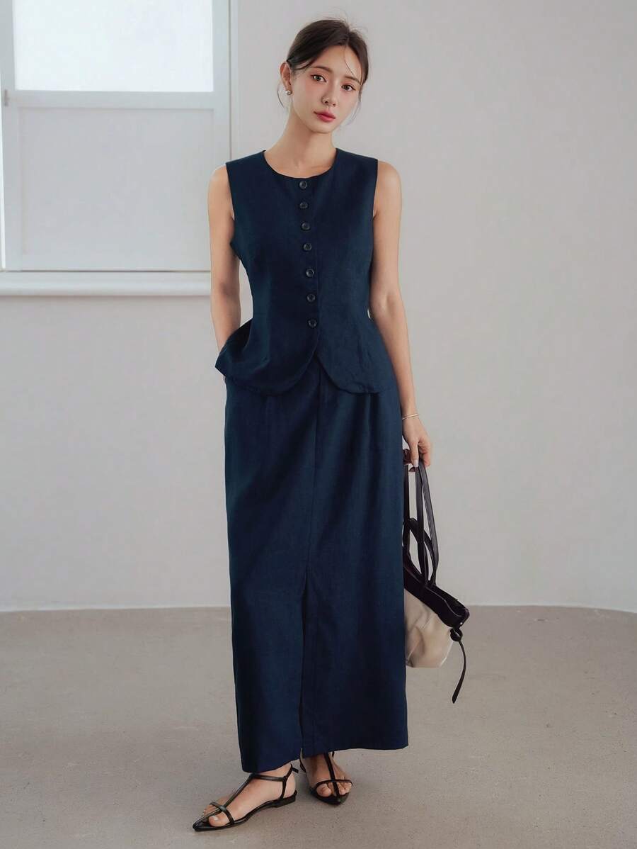 Dazy-Less 夏季通勤亚麻纯色艺术休闲风格马甲开衫，女士高开叉短袖西装套装，两件套商务休闲女装