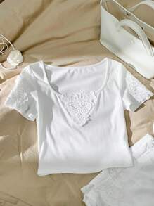 Comfortcana Áo thun nữ cổ tròn tay ngắn màu trơn, cổ tròn, thêu ren, họa tiết đơn giản, phong cách Bohemian, hàng mới 2025, phù hợp cho kỳ nghỉ hè - trắng - Xem 5