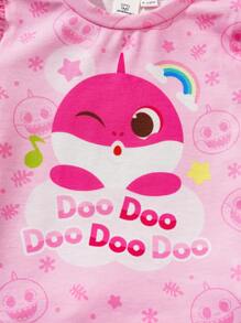 BABY SHARK X SHEIN 2pcs Set Baby Girls Cartoon Colorful Rainbow Cloud & Cute Pink Shark Print Cap Sleeve T-Shirt & Shorts, Sweet Summer Outfit