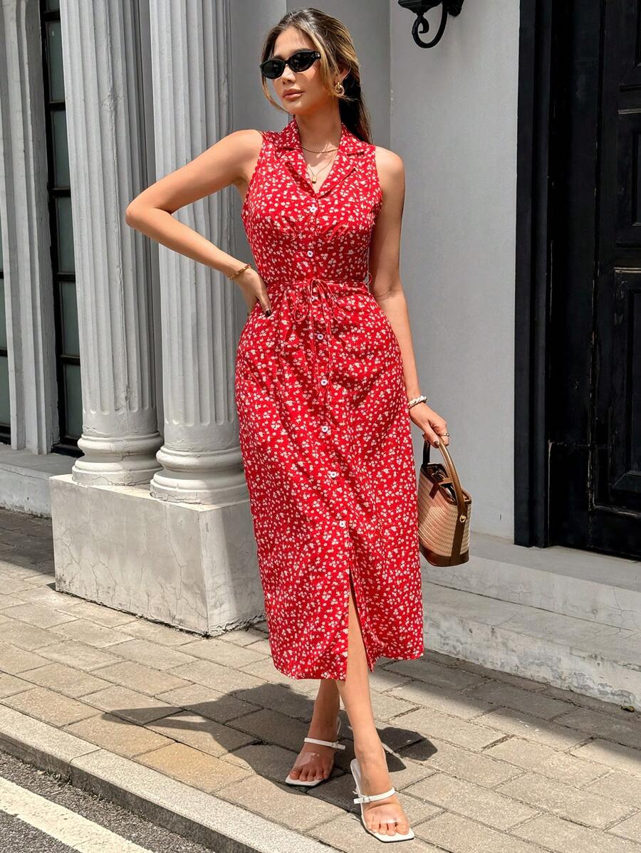 PariauraFrenchCasualRomanticFloralPrintShirtCollarSelf-TieBeltSleevelessDressForWomenPolkaDot