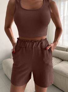 EURMUSE Conjunto feminino de camisola de cor sólida, camisa de manga curta e shorts - Castanho - Ver 5
