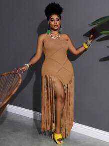 Slaydiva 大码修身纯绿色长款流苏装饰休闲针织单肩连衣裙，春夏冬秋秋季，流苏连衣裙 - 卡其色 - 查看 11