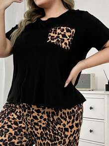 SHEIN Plus Size Czarny Mleczny Jedwabny Top Z Nadrukiem W Panterkę Z Naszytymi Kieszeniami Dzianinowy