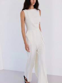 LYSMO 2025 New Spring/Summer Women Waist Ruffle Jumpsuit With Peplum Ruffle Design, Simple Commute & Office Outfit - Beige - View 6
