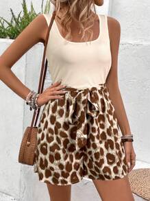 SHEIN LUNE Mono vintage de mujer con estampado de leopardo patchwork, cuello cuadrado, escote en forma de U, lazo de cintura, silueta de línea A, elegante atuendo casual de resort