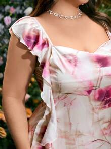 SHEIN MOD 加大码海藻袖模糊花卉印花超长连衣裙 - 彩色 - 查看 8