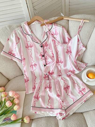SHEIN 3件套：仿丝蝴蝶印花短袖短裤+吊带背心睡衣套装