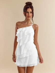 Solid Apricot Mini Dress With Lotus Leaf Overlay Suitable For Daily Dates, Nights Out, Nightclubs, Parties, Meetings, Cocktail Parties, Pool Parties, HAL2 - Blanco - View 6