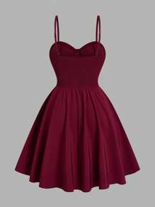 Sweetra Solid Color Camisole Waist Flattering Mini Dress - Burgundy - View 2