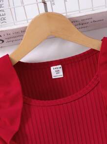 Set casual din 2 piese pentru fete preadolescente, cu top fără mâneci cu perle și volane, și fustă cu fundă solidă, pentru vară