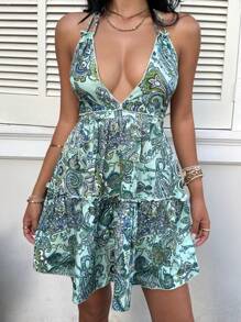SHEIN Unity Abito casual da donna adatto per vacanze e uso quotidiano, in stile bohémien retrò con stampe, senza schienale, con fiocco alla nuca, adatto per primavera/estate - Menta Verde - Visualizzare 4