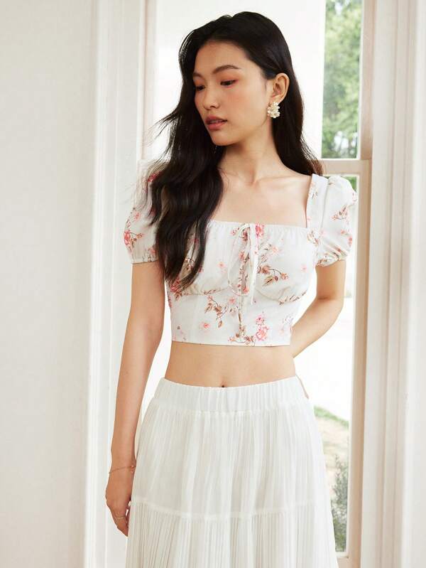 Celisse Elegant Pink Ditsy Floral Square Collar & Puff Sleeve Top Cute Summer Tops