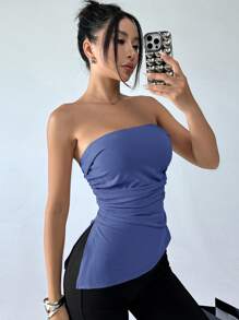 SHEIN EZwear Plus Size Black Pleated Slit Strapless Knit Stretch Tube Top, Business Casual Woman - Dusty Blue - View 3