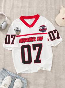 Teen Boy Casual Numercial Pattern Color Block V-Neck Jersey T-Shirt - Multicolor - View 8
