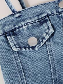 SHEIN Baby Girl(Infant) Fashionable Street Cool Blue Denim Overall Top Paired With Matching Blue Skirt Outfit, Summer - Blue - View 4