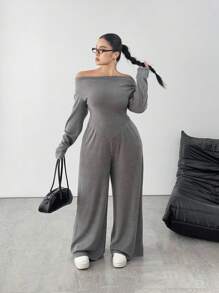 Flirla Plus Size Off-Shoulder Long Sleeve & Pants Velour Jumpsuit - Light Grey - View 5