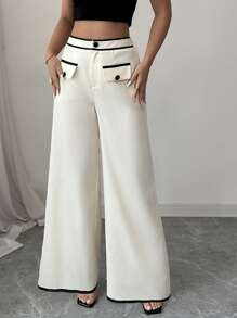 Elenzga Boho Colorblock Ribbon Buttons Loose High Waisted Wide Leg Pants For Women, Elegant & Stylish, Suitable For Spring & Summer Vacation Fall Cloth For Women