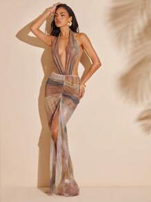 Hauture Vestido drapeado con efecto ombré, de malla con cuello halter de escote pronunciado en tono metálico - Multicolor - Ver 6
