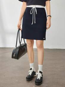 DAZY Women Summer Casual Fitted Colour Blocking Drawstring Tie Waist Decorated Letter Hem Short Straight Skirt - Navy Blue - View 7