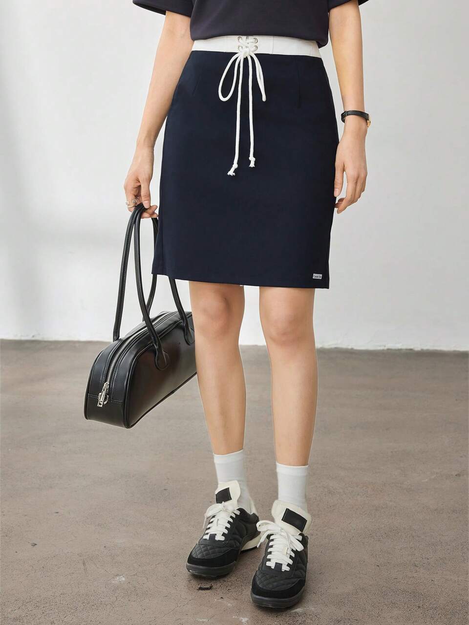 Women Summer Casual Fitted Colour Blocking Drawstring Tie Waist Decorated Letter Hem Short Straight Skirt
