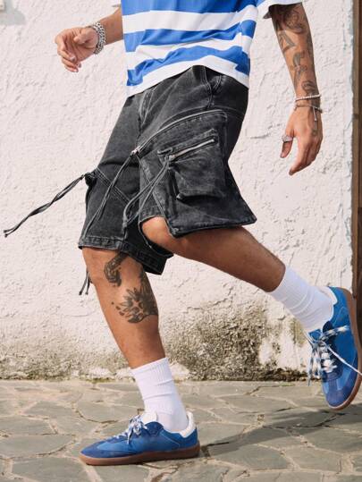 Street Life Short en jean délavé avec grandes poches pour hommes, style de rue vintage