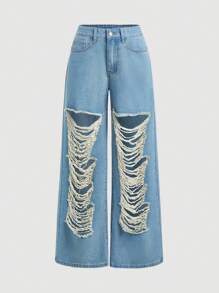 SHEIN EZwear Quần Jeans Denim Xanh Nữ, Dáng Ôm Ống Thẳng, Rách - Rửa nhẹ - Xem 1