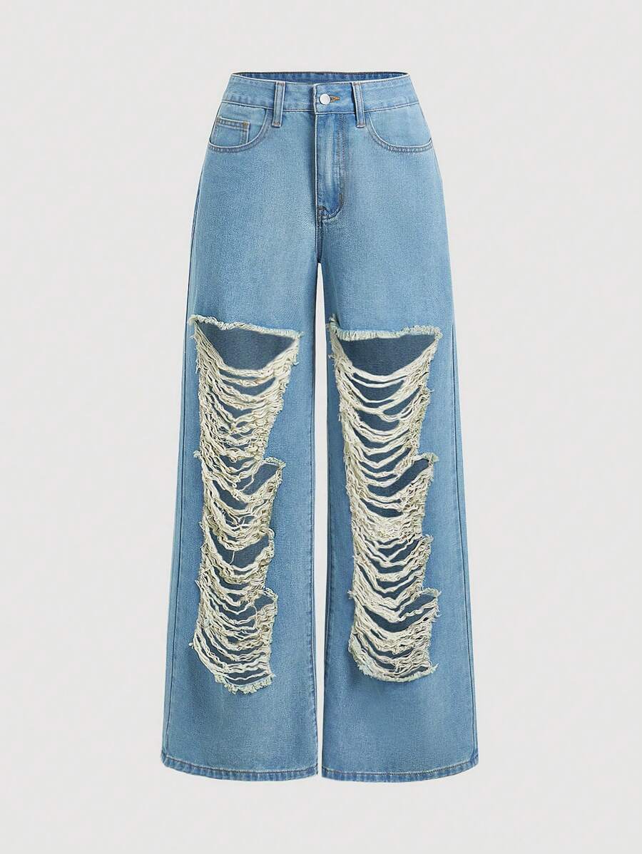 SHEIN EZwear Quần Jeans Denim Xanh Nữ, Dáng Ôm Ống Thẳng, Rách - Rửa nhẹ - Xem 1