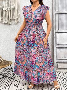 SHEIN LUNE 加大码佩斯利印花长假休闲连衣裙 波西米亚风夏季波西米亚风复古风女士夏季服装 春假狂欢装 节日春假装