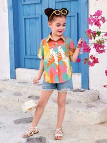 Camicia da donna a maniche corte e ampia con stampa di piante tropicali minimalista, cardigan casual per le vacanze