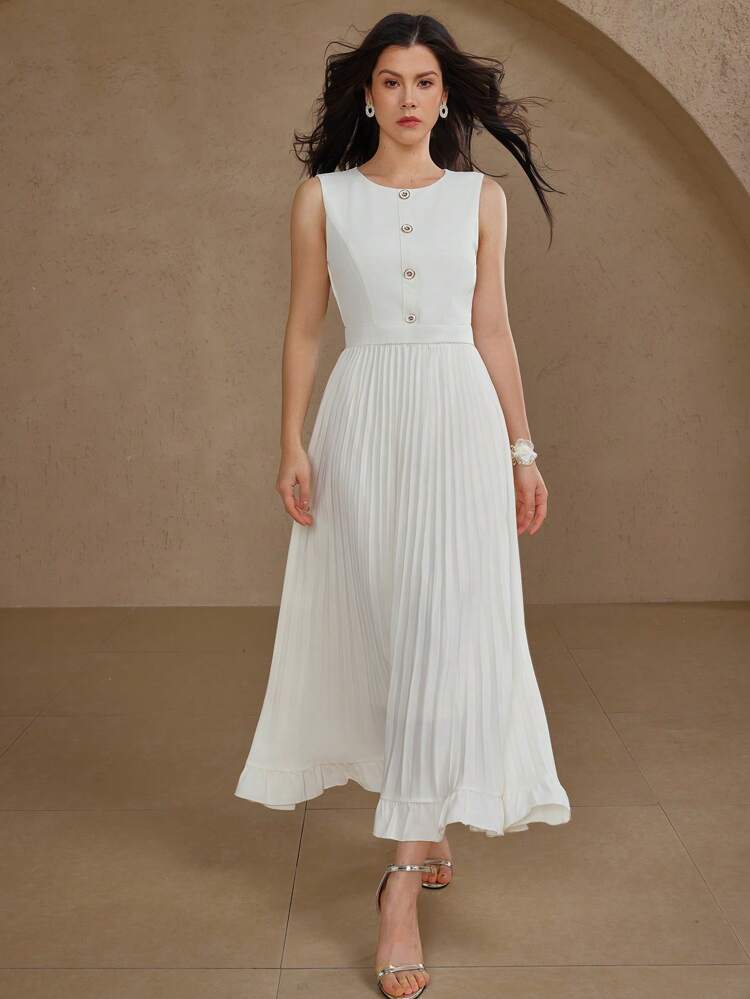 Solid Color Round Neck Sleeveless Mid-Length Pleated Dress For Women Wedding Women Dresses Maxi Dress Cocktail Dress