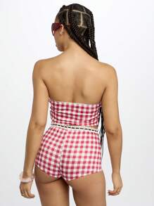 SUMWON WOMEN Cottage Core -Muster Sommer Bandeau Zweiteiler mit Spitzenbesatz und Schleifendetail Mini-Shorts, Festival Party Strand Urlaub Resort Bekleidung - Verschiedenfarbig - Übersicht 2