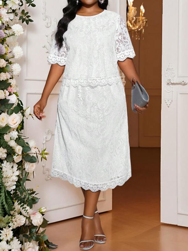 SHEIN Lady إيلغانت جاكيت وتنورة قطع مناسبة للمكاتب في الربيع والصيف ، كروشيه أبيض مع رقبة دائرية ، أكمام قصيرة ، مقاسات كبيرة