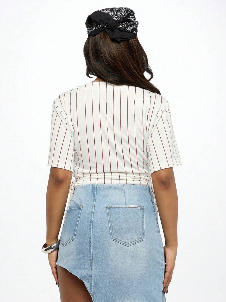 SUMWON WOMEN Corset Style Baseball Jersey Style Crop T-Shirt Side Lace Up