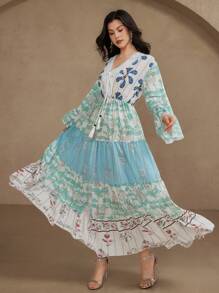 DAZY 夏季度假风格花卉V领女式中长连衣裙 - 綠色 - 查看 6