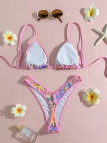 SHEIN Swim 2pcs Women Random Print Spaghetti Strap High Cut Sexy Bikini Set, Summer - Multicolor - View 2