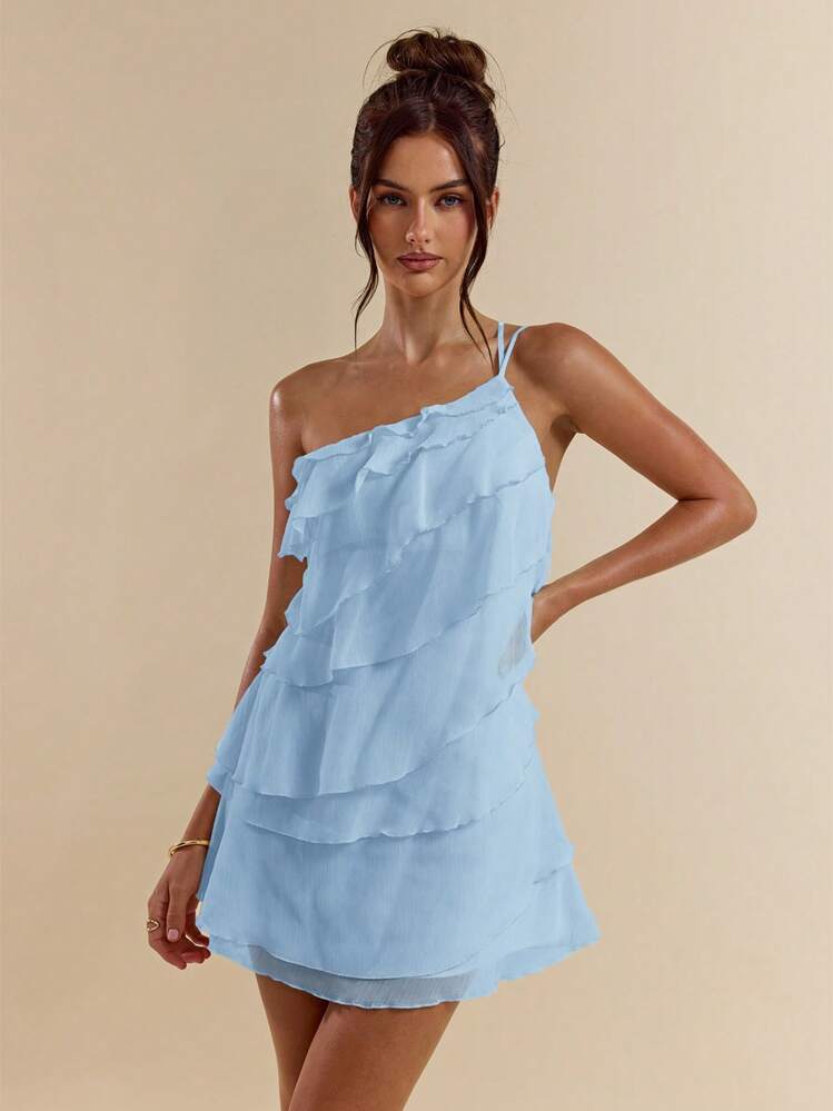 SHEIN BAE Vestido corto de unicolor albaricoque con diseño en capas de hoja de loto, adecuado para uso diario, citas, salidas nocturnas, discotecas, fiestas, reuniones, fiestas de cóctel, fiestas de piscina, ropa de vuelta al colegio, vestidos de temporada escolar, vestidos de vacaciones, ropa de festivales de música, ropa de festivales de música country, ropa de conciertos - Celeste - Añade 7