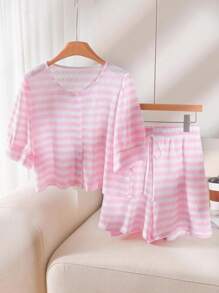 CosyJoli Set casual da 2 pezzi, composto da top a maniche corte a righe e pantaloncini taglie forti, adatto per l'estate - Rosa - Visualizzare 6