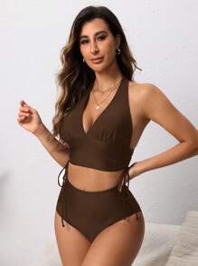 Swim Lushoire Adjustable Drawstring Women's Swimsuit Set, Versatile All-Match For Summer Beach Vacation - Brown - View 3
