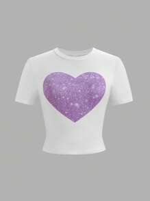 SHEIN 2pcs/Set Teenage Girls Casual Heart Graphic T-Shirt + Heart Print Wide Leg Pants, Elegant Leisure Outfit For Spring, Summer, Autumn, Holiday, School Young Girls Sets Outfit Set Teen