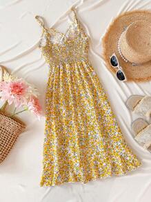 SHEIN Sparklyn Tween Girl 休闲优雅碎花无袖荷叶边下摆雪纺连衣裙，适合度假、上学、春夏季 - 黃色 - 查看 2