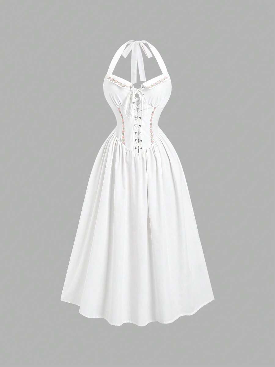 Sweetra Vestido blanco prístino de verano para mujer, elegante y sexy, con decoración floral, cuello de halter y cintura ceñida - Blanco - Ver 1