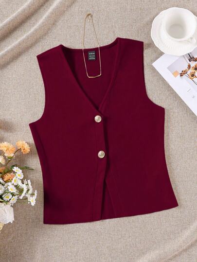 SHEIN EZwear Casual Solid Color V-Neck Knit Fitted Women Vest Waistcoat