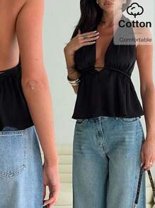 SHEIN Essnce Tank Top Women Women's Solid Color Halter Tie Back Sleeveless Blouse, Minimalist & Fashionable For Summer